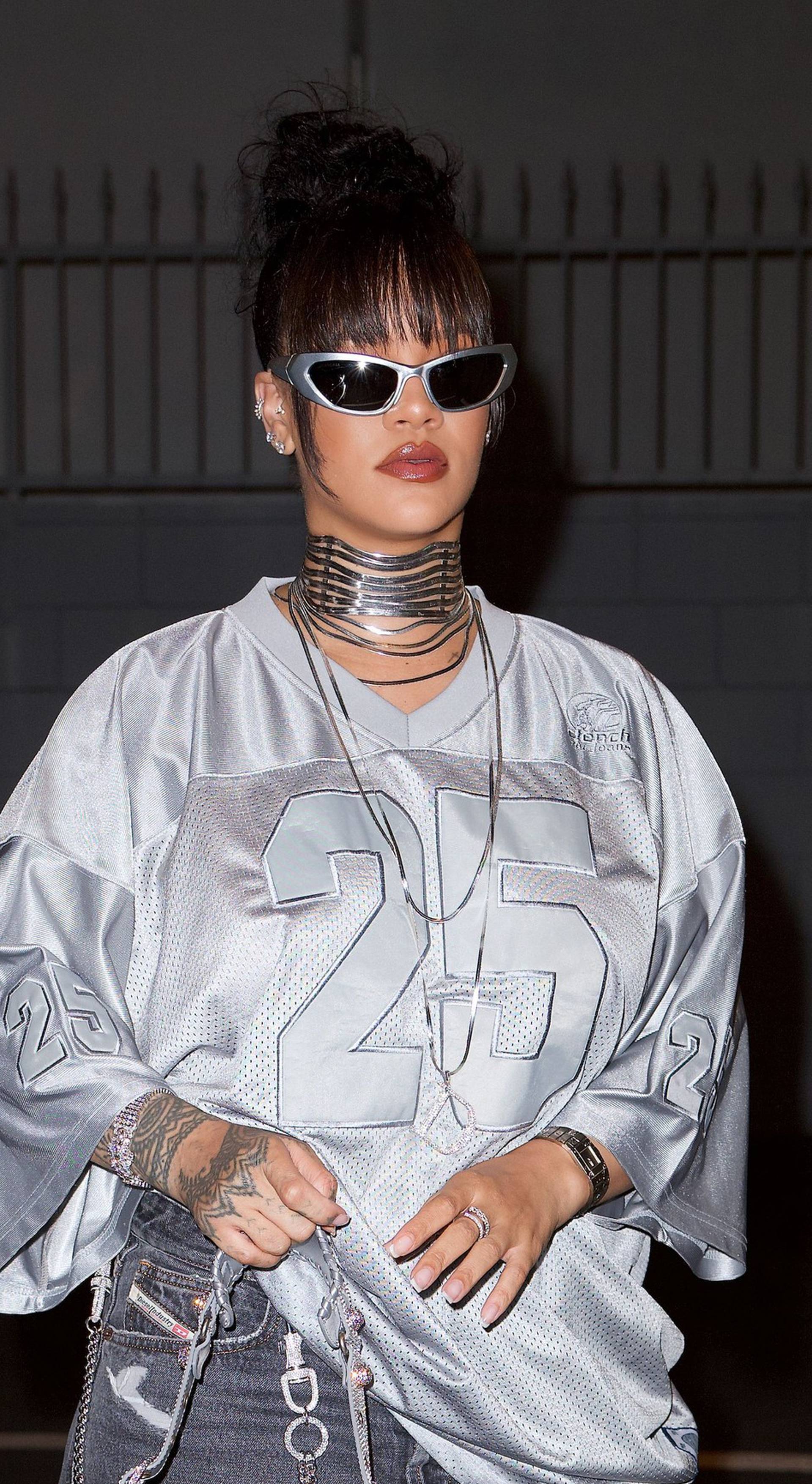 EXCLUSIVE - Rihanna Scores a Touchdown in Silver Football Jersey as She Hits the Studio to Prepare for Her Superbowl Performance, Los Angeles, California, USA - 09 Oct 2022
