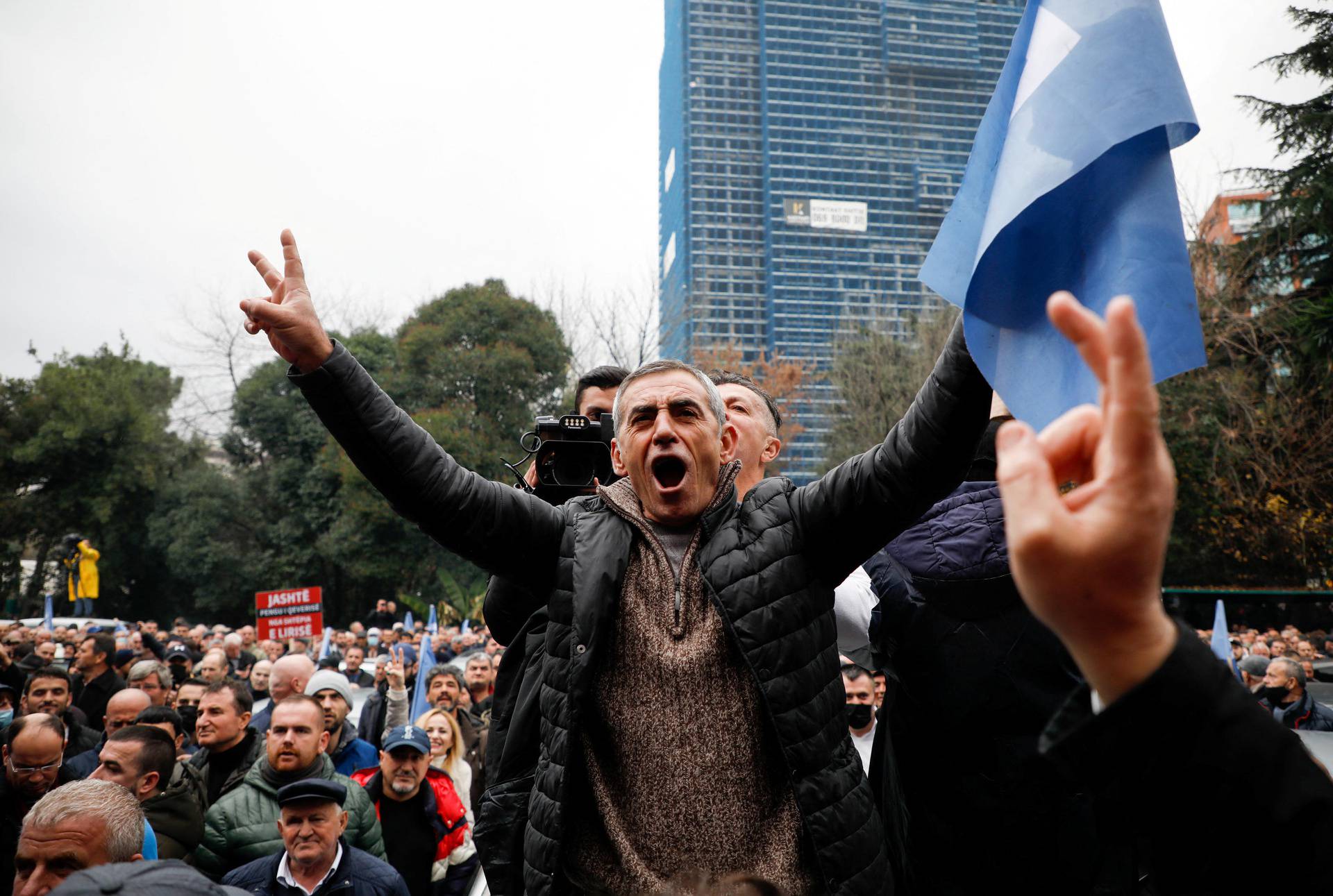 Protesters attack the headquarters of the Democratic Party in Tirana