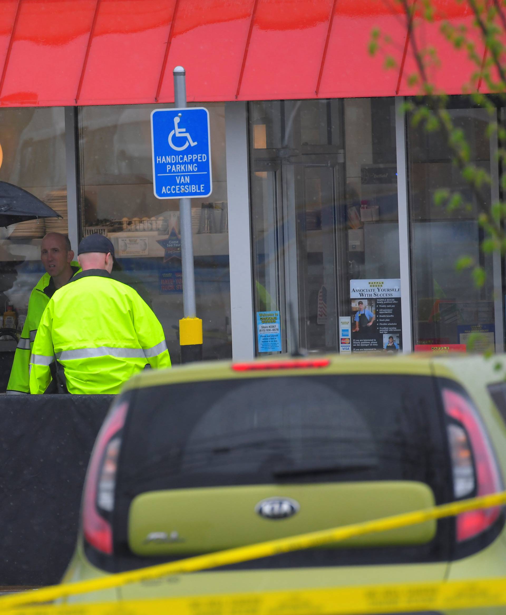 Metro Davidson County Police at the scene of a fatal shooting at a Waffle House restaurant near Nashville, Tennessee