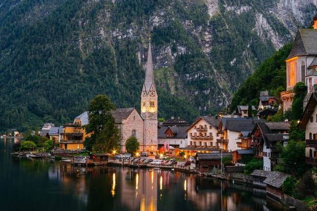 Hallstatt town view in twilight, Austria