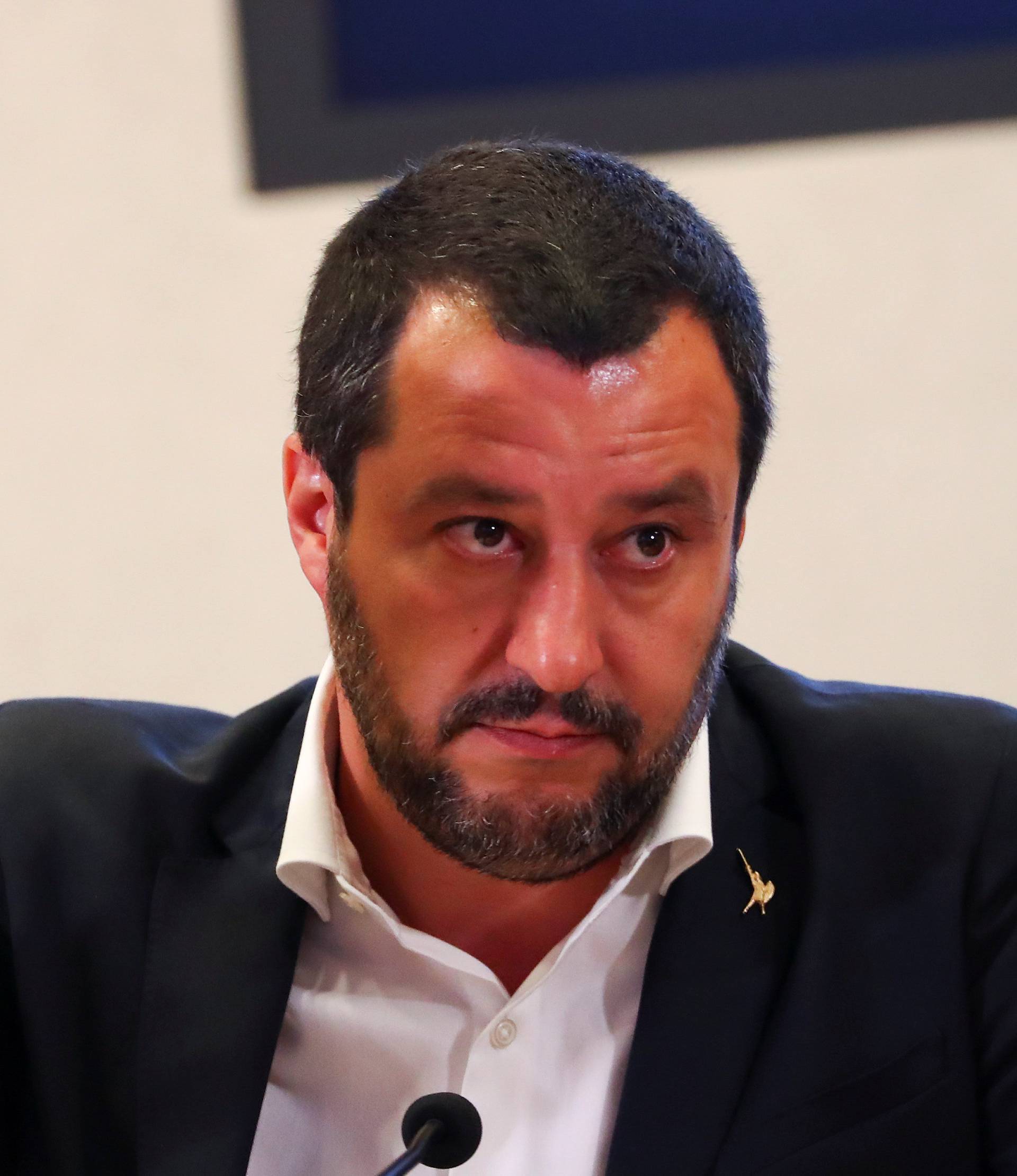 Italian Interior Minister Matteo Salvini gestures during a news conference with Libyan Deputy Prime Minister Ahmed Maiteeg in Rome