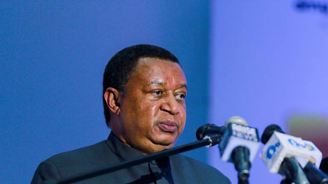 Late OPEC secretary-general Mohammad Barkindo speaks while addressing delegates at the opening of the Nigeria Oil & Gas 2022 meeting in Abuja