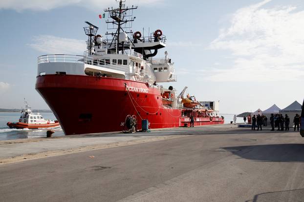 Preparations are made at the port of Pozzallo for migrants to disembark after spending nearly two weeks on board the Medecins Sans Frontieres (MSF)-operated Ocean Viking