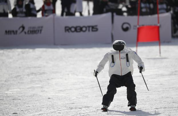 A robot takes part in the Ski Robot Challenge at a ski resort in Hoenseong