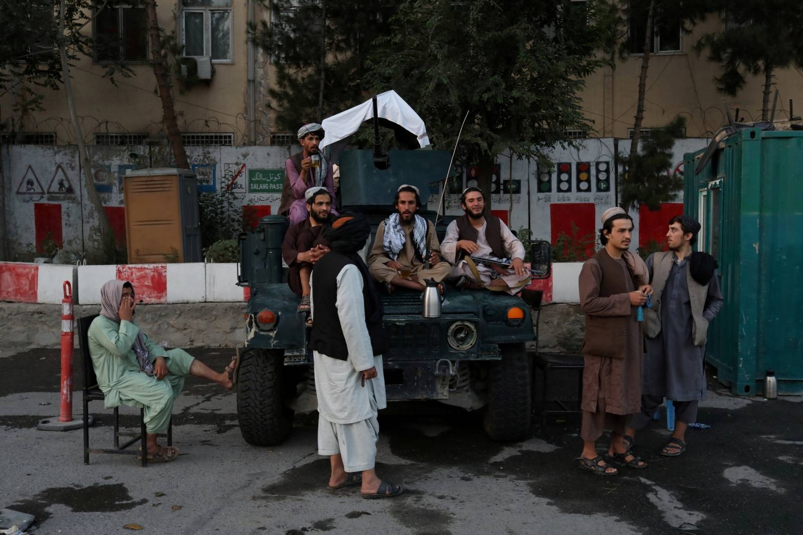 Taliban soldiers are seen at one of the main city squares of Kabul