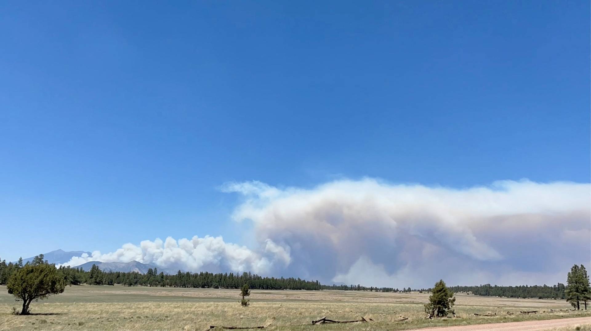 Smoke rises from mountain as the Pipeline Fire burns in Coconino County, Arizona