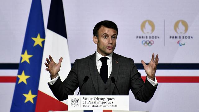 FILE PHOTO: Macron delivers his wishes for the Paris 2024 Olympic Games