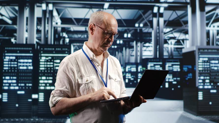 Senior,Professional,Navigating,Network,Of,Server,Machines,In,Industrial,Hub.