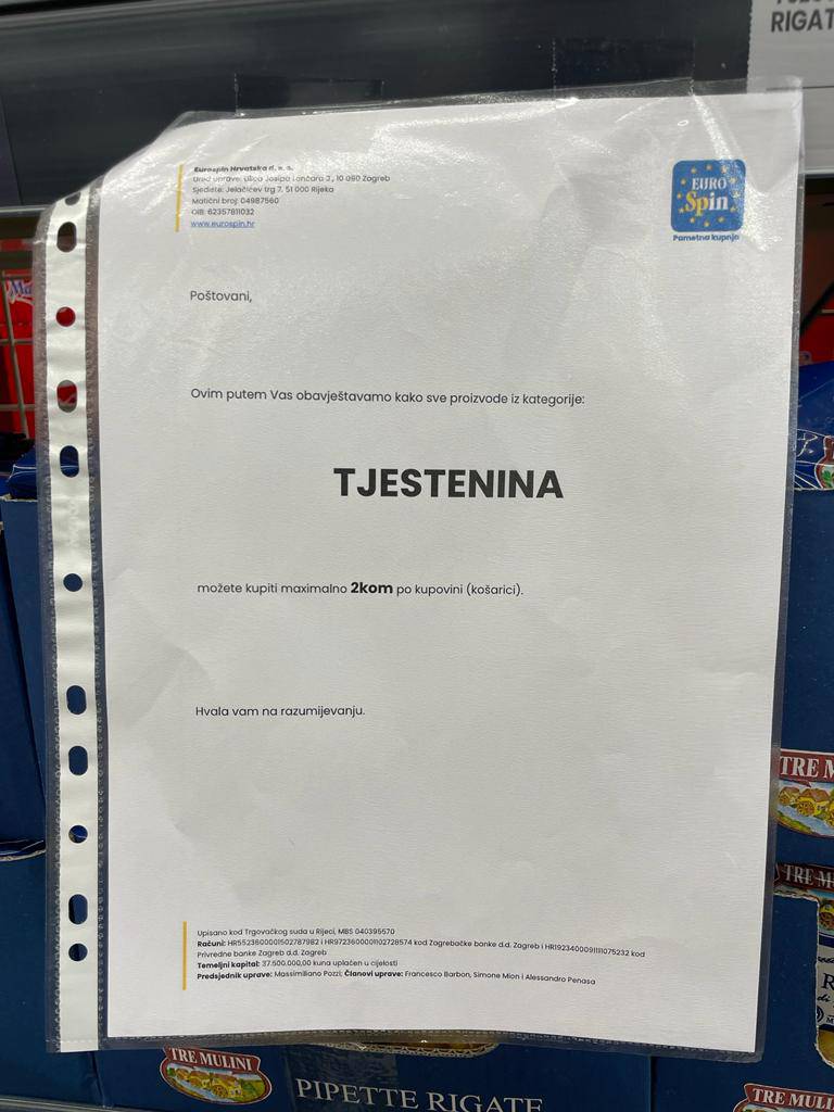 U Eurospinu ograničili brašno, ulje, tjesteninu... 'Možete kupiti najviše 2 artikla ovih proizvoda'