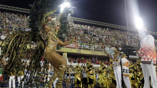 Drum queen Viviane Araujo from Salgueiro performs during the second night of the Carnival parade at the Sambadrome in Rio de Janeiro