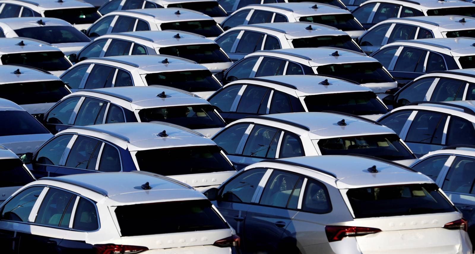 FILE PHOTO: Cars are parked in the courtyard of Skoda Auto in Mlada Boleslav