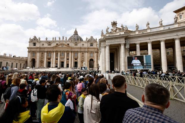 Pope Francis makes first public appearance in five weeks, on a big screen in St. Peter's Square, at the Vatican