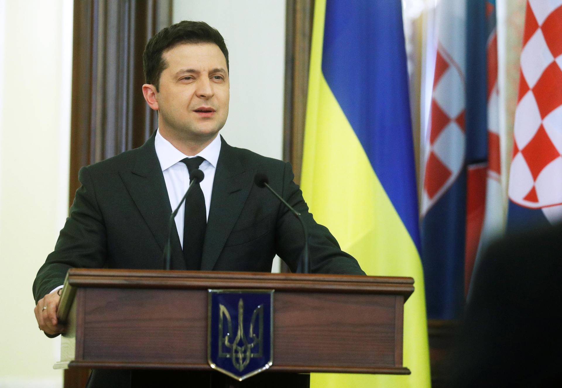 Ukrainian President Volodymyr Zelenskiy and Croatian Prime Minister Andrej Plenkovic deliver a joint statement in Kyiv