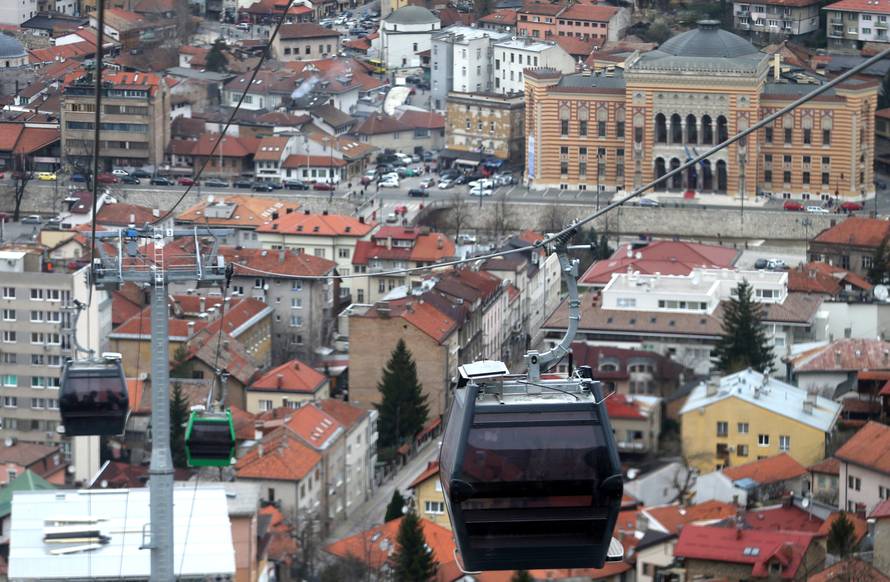 The Trebevic cable car is seen above the city of Sarajevo during a test drive following the restoration of the line after 26 years