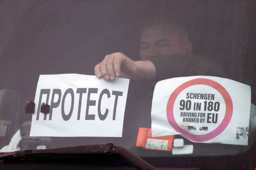 Protest by truck drivers and transport union representatives over disruptions linked to the European Union's new Entry-Exit System, in Gevgelija