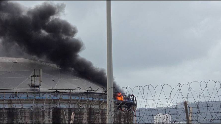 A blaze after Israel's Fire and Rescue Service said that an industrial building and a fuel tanker at Israel's Oil Refineries were hit by debris from an intercepted Iranian missile, amid the U.S.-Israel conflict with Iran, in Haifa