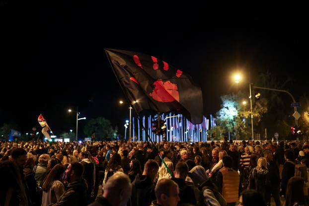 Demonstrators protest to mark the first anniversary of the fatal November 2024 Novi Sad railway station canopy collapse, in Novi Sad