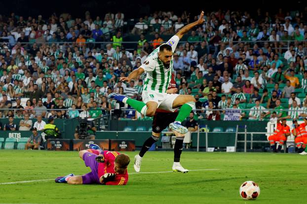 FILE PHOTO: Borja Iglesias in action for Real Betis with Sparta Prague's Peter Vindahl
