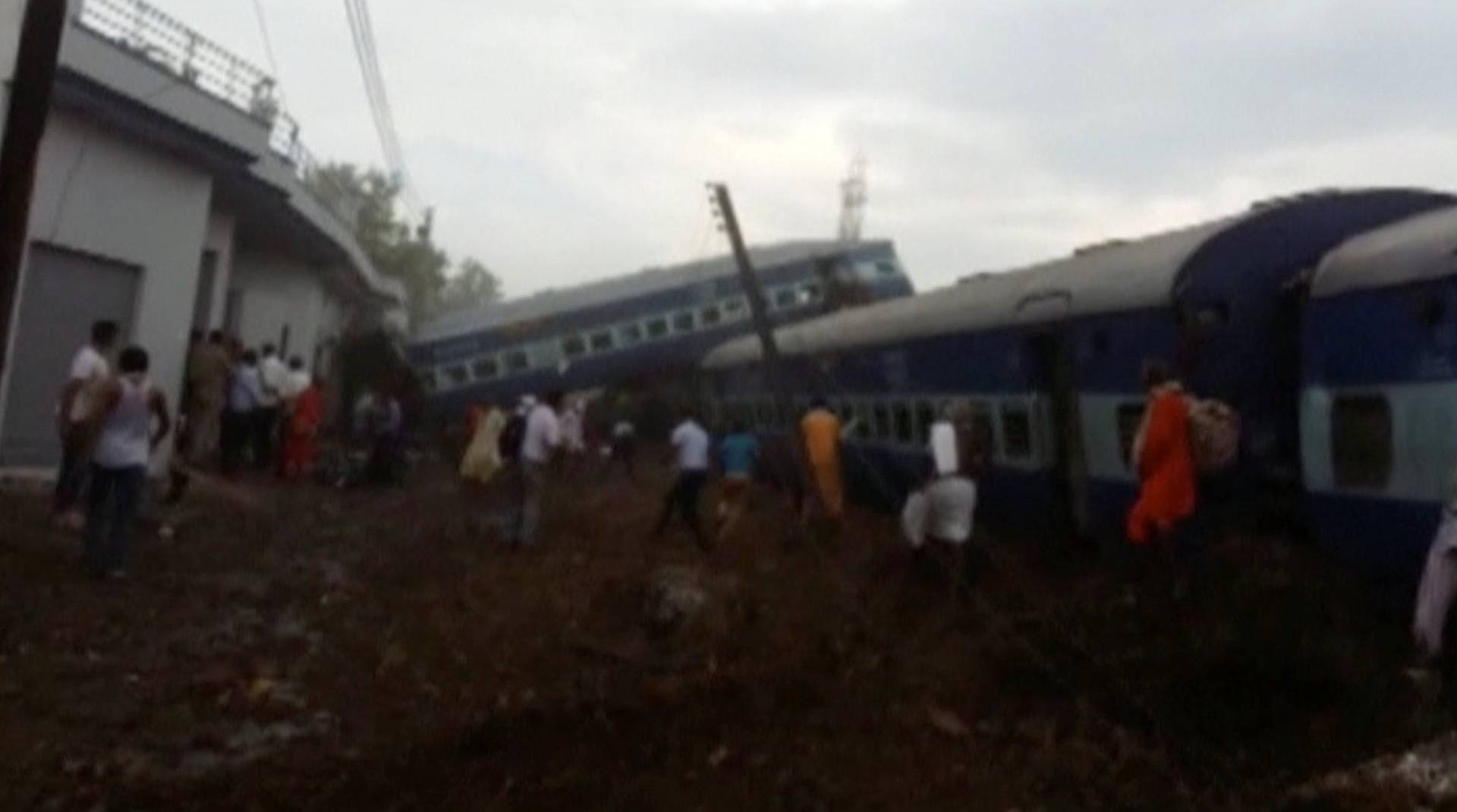 Derailed carriages of Kalinga-Utkal express train are seen in this still taken from video in Khatauli, Uttar Pradesh