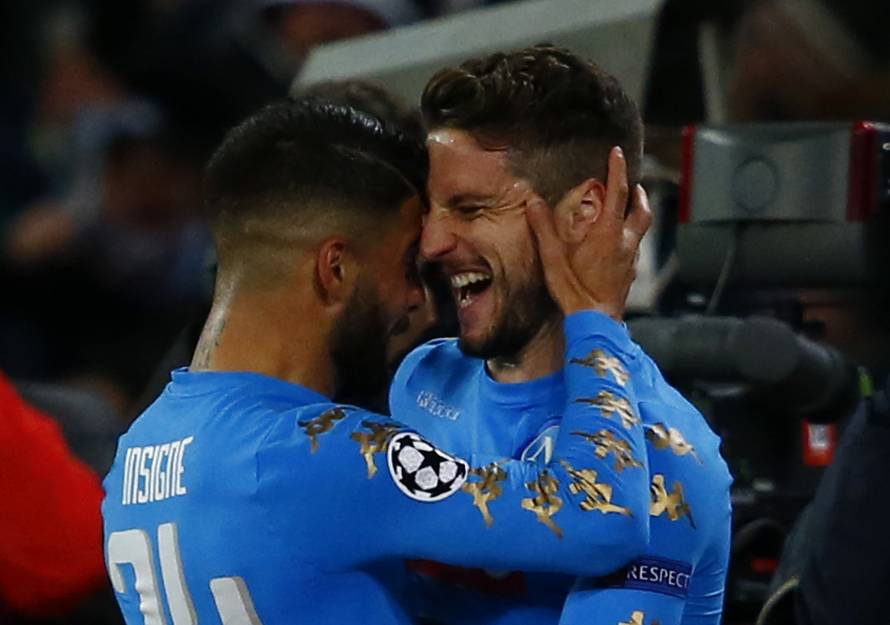 Napoli's Dries Mertens celebrates scoring their first goal with Lorenzo Insigne