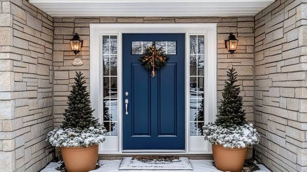 Elegant front door painted navy blue with matching clay pots filled with seasonal greenery