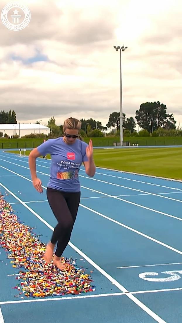 VIDEO: Woman breaks bizarre world record for fastest 100m run barefoot over LEGO