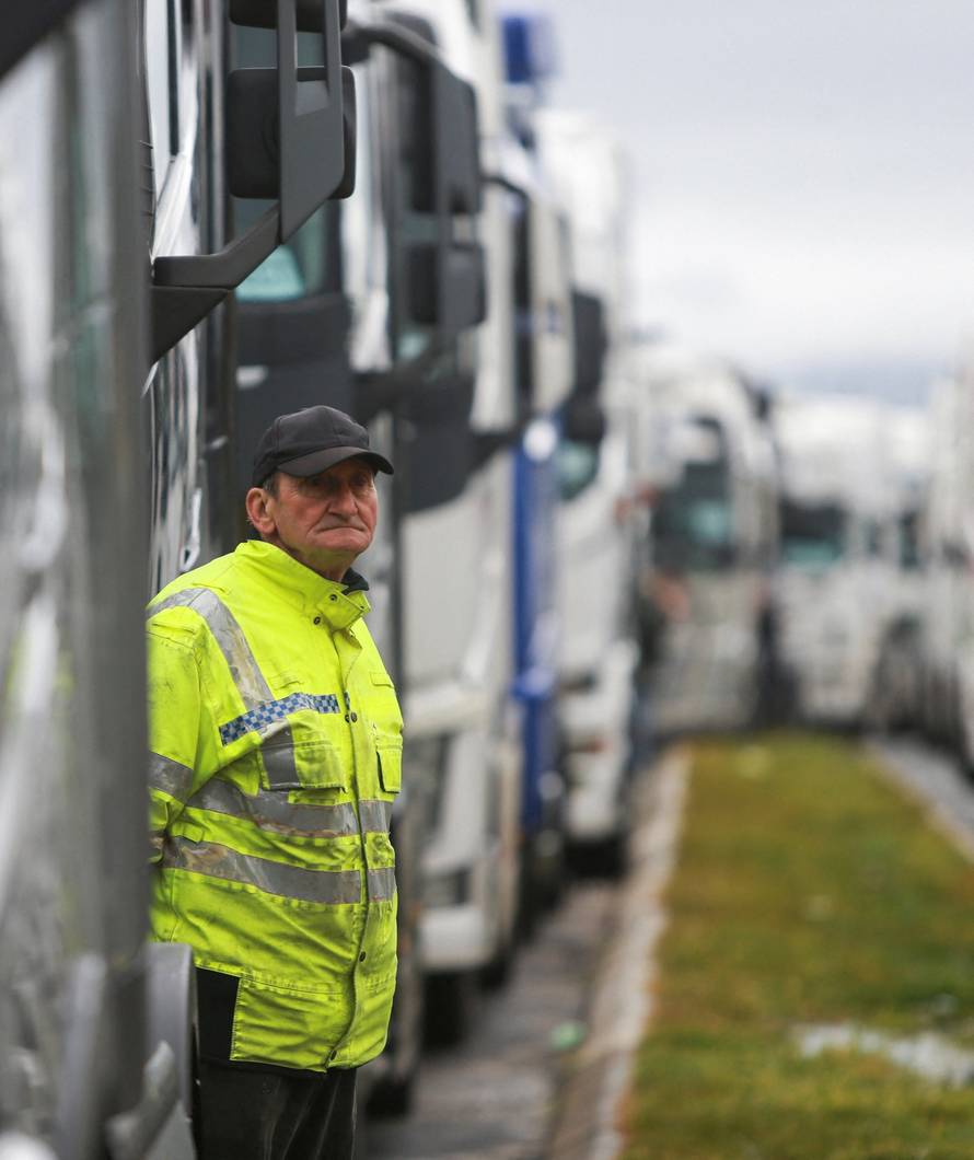 Protest by truck drivers and transport union representatives over disruptions linked to the European Union's new Entry-Exit System, in Gevgelija