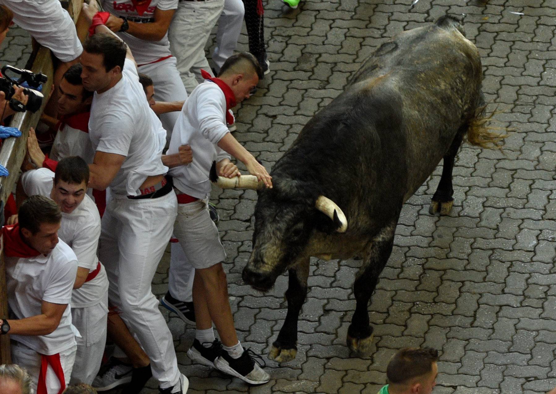 Runners try to avoid a Cebada Gago bull during the first running of the bulls at the San Fermin festival in Pamplona