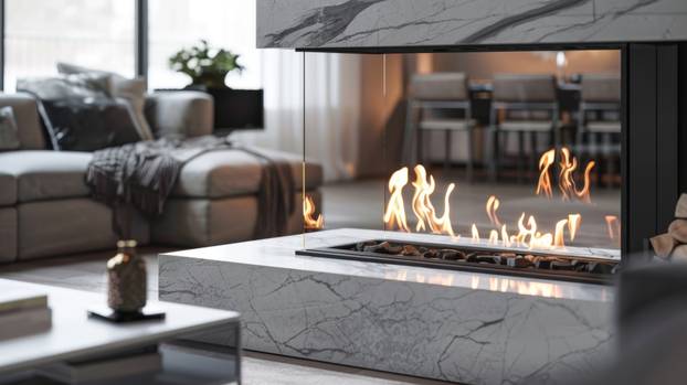 A luxurious doublesided fireplace in a modern living room with a marble surround and a sleek black metal frame. The dancing flames provide a stunning focal point to 2d flat cartoon