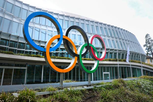 Olympic rings are pictured outside the International Olympic Committee in Lausanne
