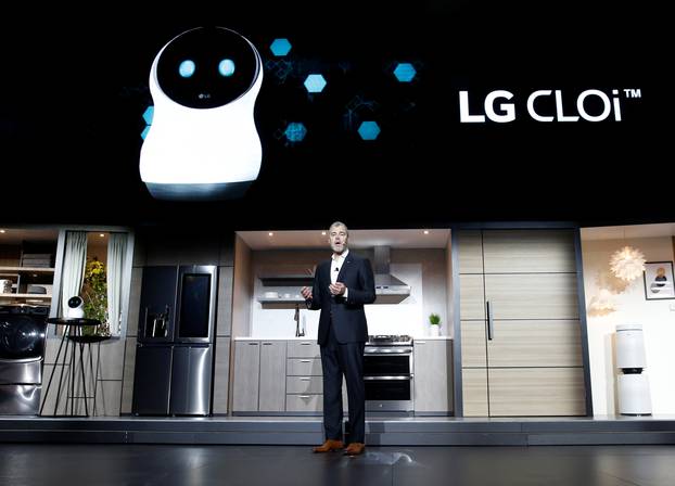 David Vanderwaal, vice president of marketing at LG Electronics U.S.A, talks about the LG Cloi home robot during an LG news conference at the 2018 CES in Las Vegas