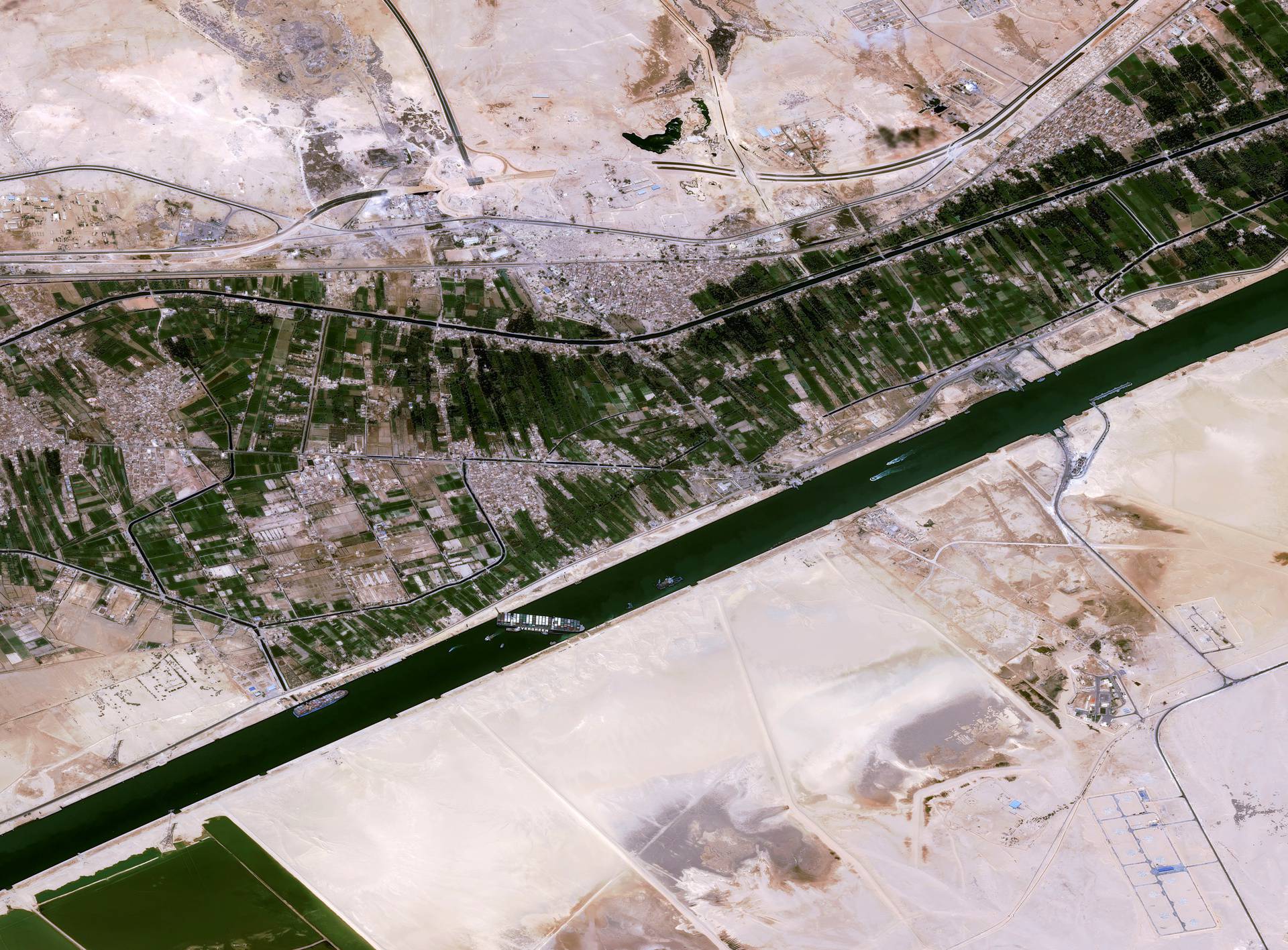 Satellite image shows stranded container ship Ever Given after it ran aground in Suez Canal