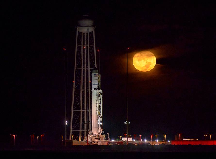 The Orbital ATK Antares rocket, with the Cygnus spacecraft onboard, is seen on launch Pad-0A,  at NASA's Wallops Flight Facility in Virginia