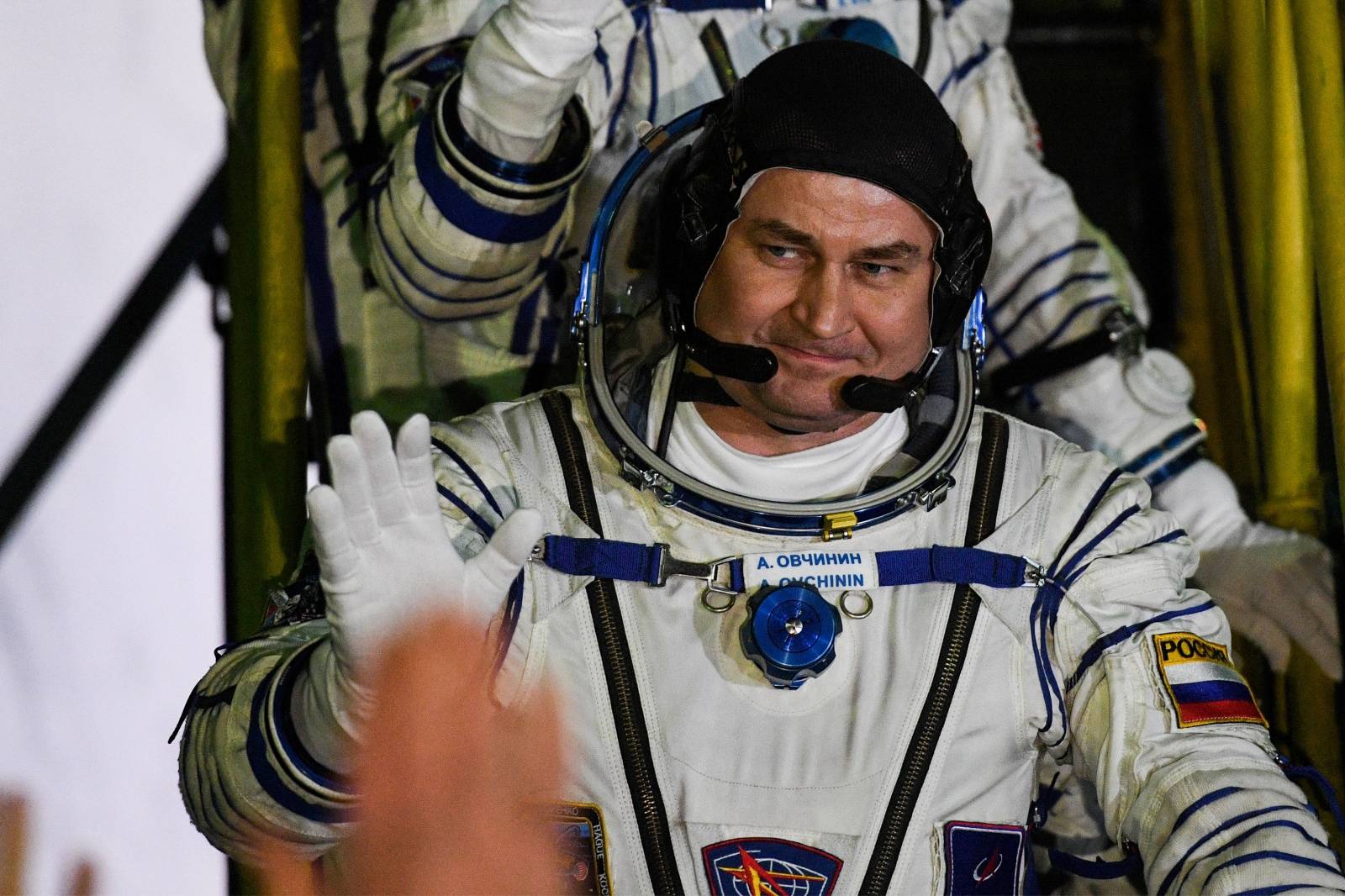 The International Space Station (ISS) crew members Aleksey Ovchinin of Russia boards the Soyuz MS-12 spacecraft for the launch at the Baikonur Cosmodrome