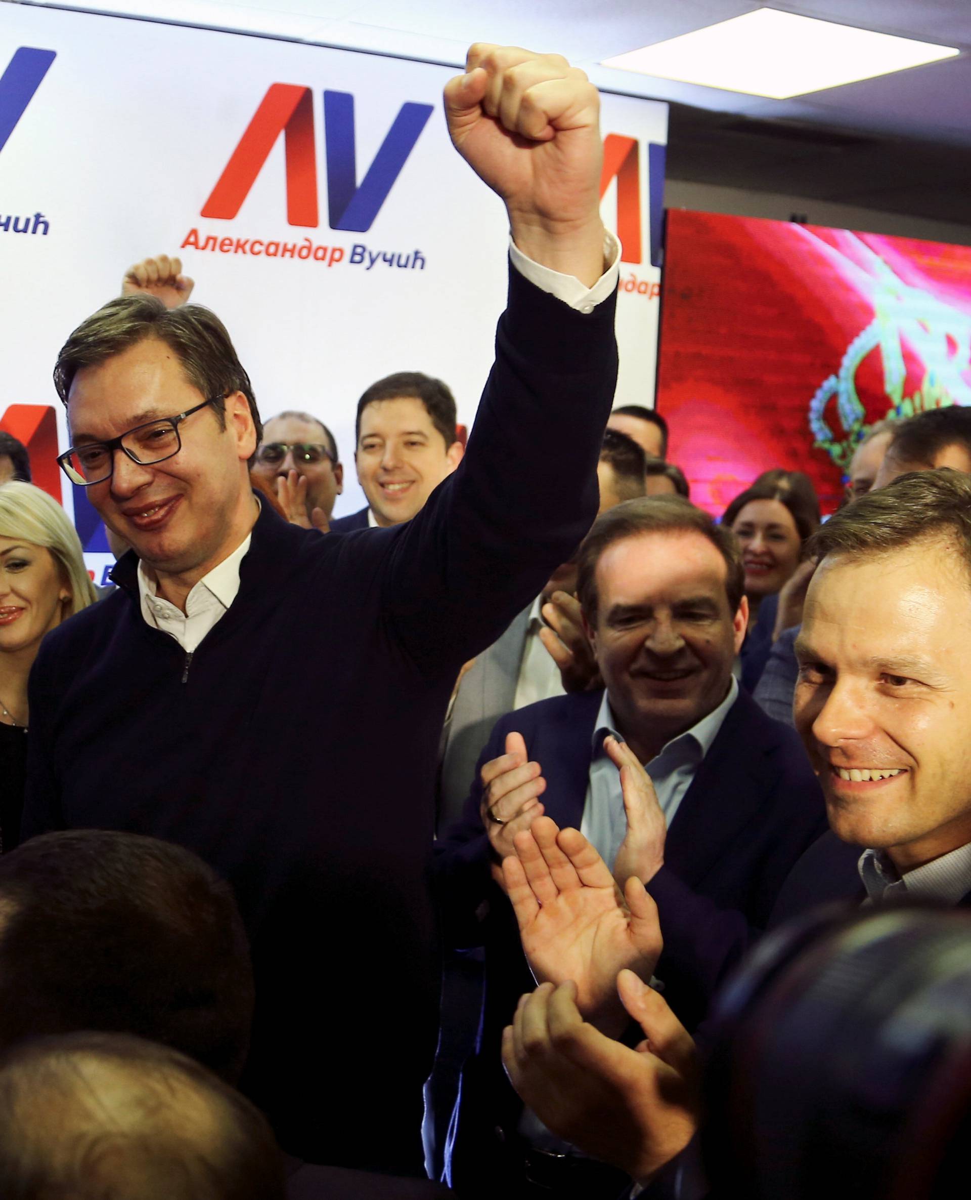 Serbian Prime Minister and presidential candidate Aleksandar Vucic celebrate his win at presidential election in his headquarters in Belgrade