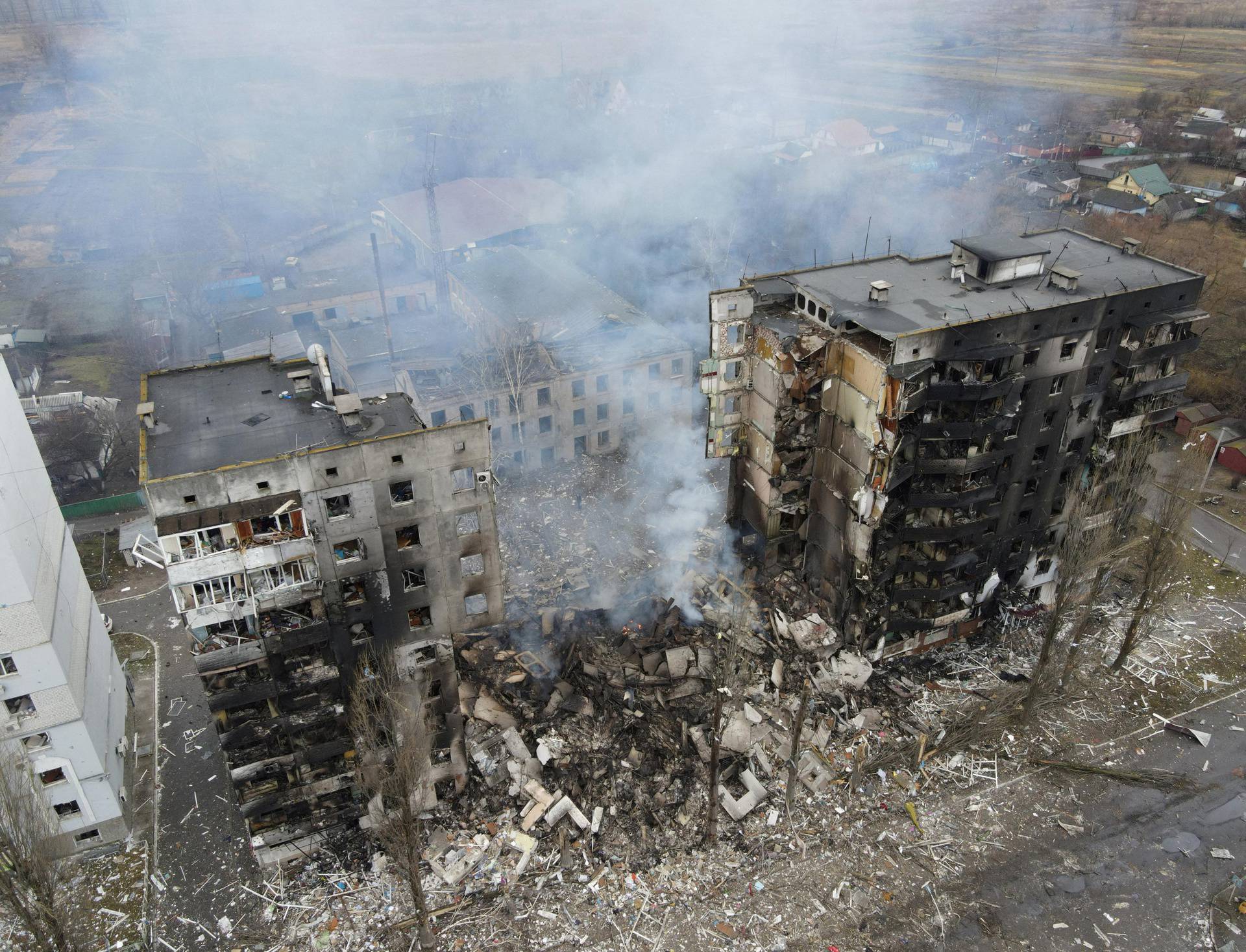 An aerial view shows a residential building destroyed by shelling in Borodyanka