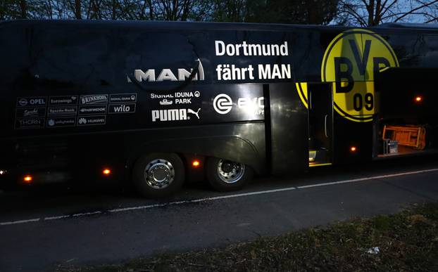 The Borussia Dortmund team bus is seen after an explosion near their hotel before the game