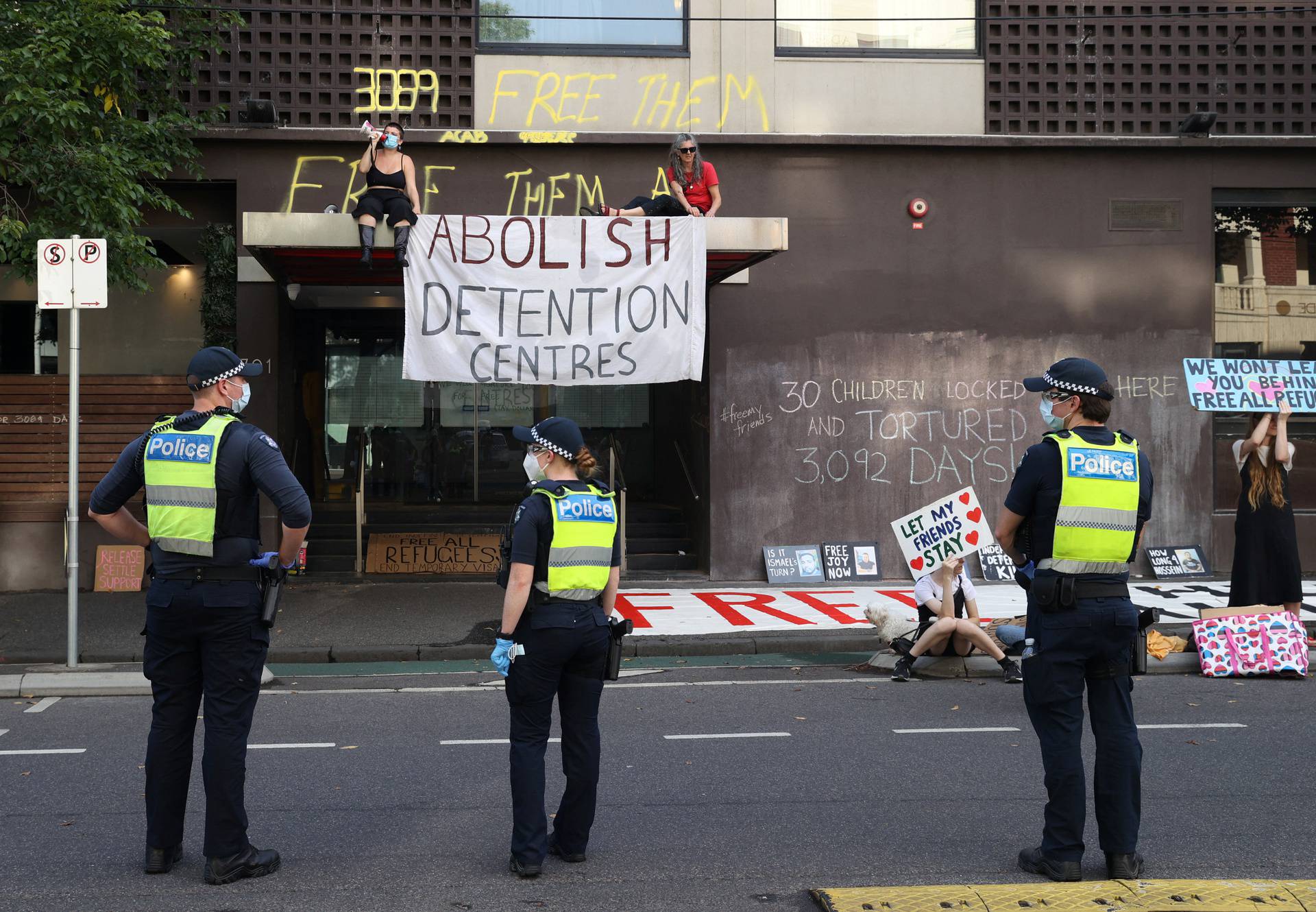 The scene outside the hotel where tennis player Novak Djokovic is believed to be in Melbourne