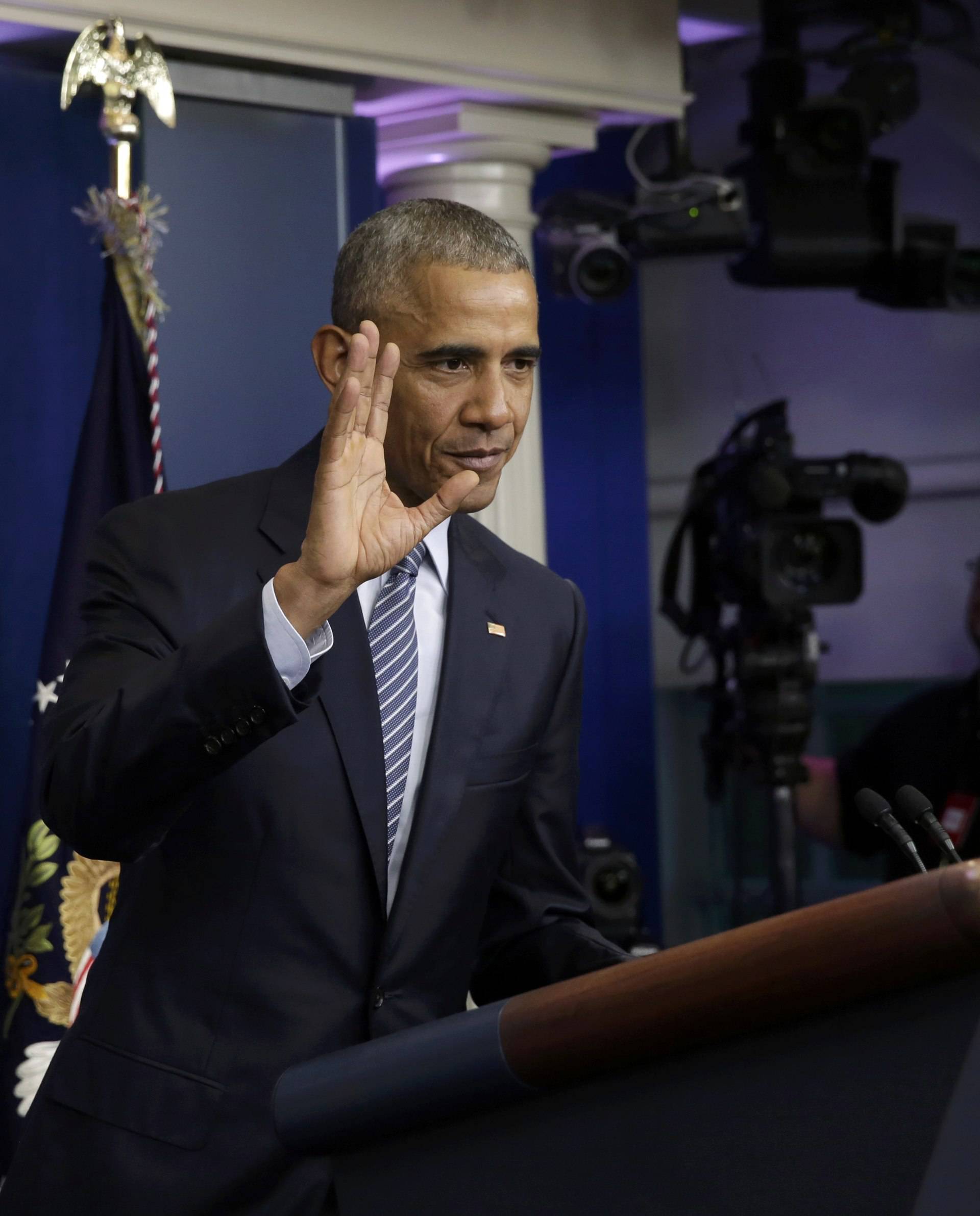 U.S.  President Obama departs following news conference at the White House in Washington