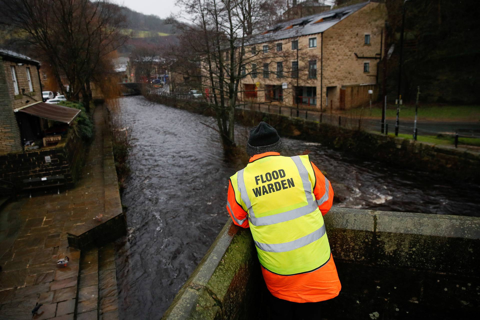 Preparations for potential flooding due to the arrival of Storm Christoph, in Hebden Bridge