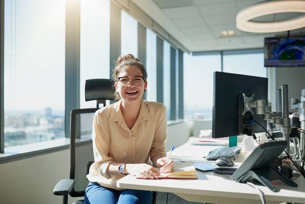 Woman,,Notebook,And,Desk,With,Portrait,,Smile,And,Pen,With
