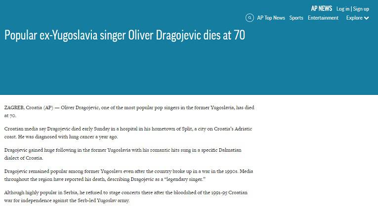 I svjetski mediji prenose vijest o smrti Olivera Dragojevića...