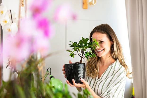 home garden with young woman