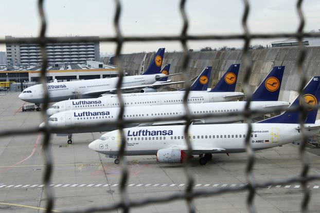 Planes stand on the tarmac during a pilots strike of German airline Lufthansa at Frankfurt airport