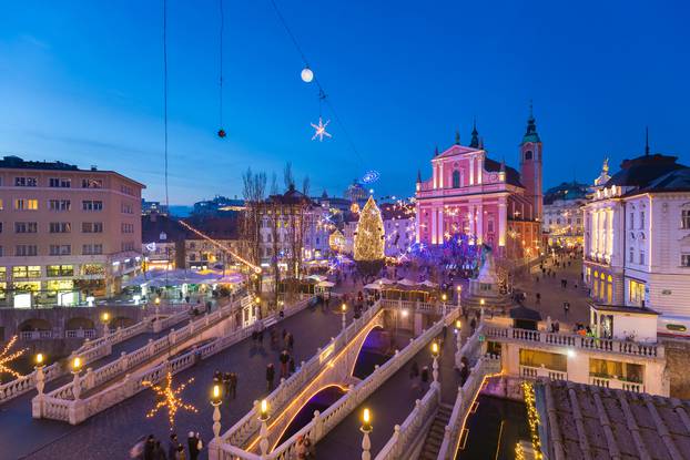 Romantic,Ljubljana's,City,Center,Decorated,For,Christmas,Holiday.,Preseren's,Square,