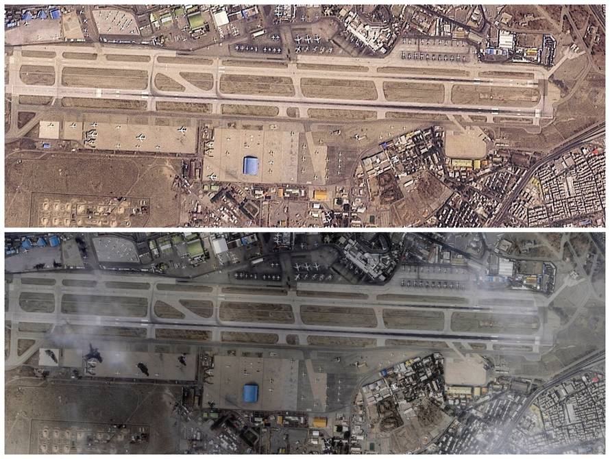A combination of satellite images shows Mehrabad Airport in Tehran before and after a reported attack