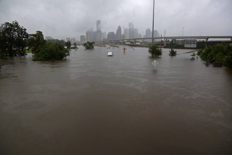 Submerged freeways from the effects of Hurricane Harvey are seen during widespread flooding in Houston
