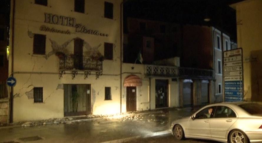 Still image from video shows cracks on the wall of a hotel after an earthquake in Visso