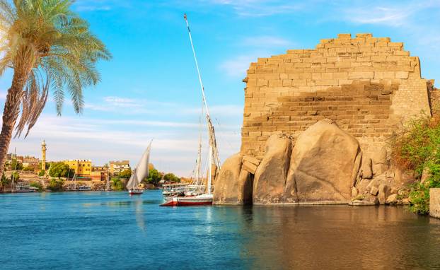 Ancient rocks on the shore of the Nile, Aswan, Egypt