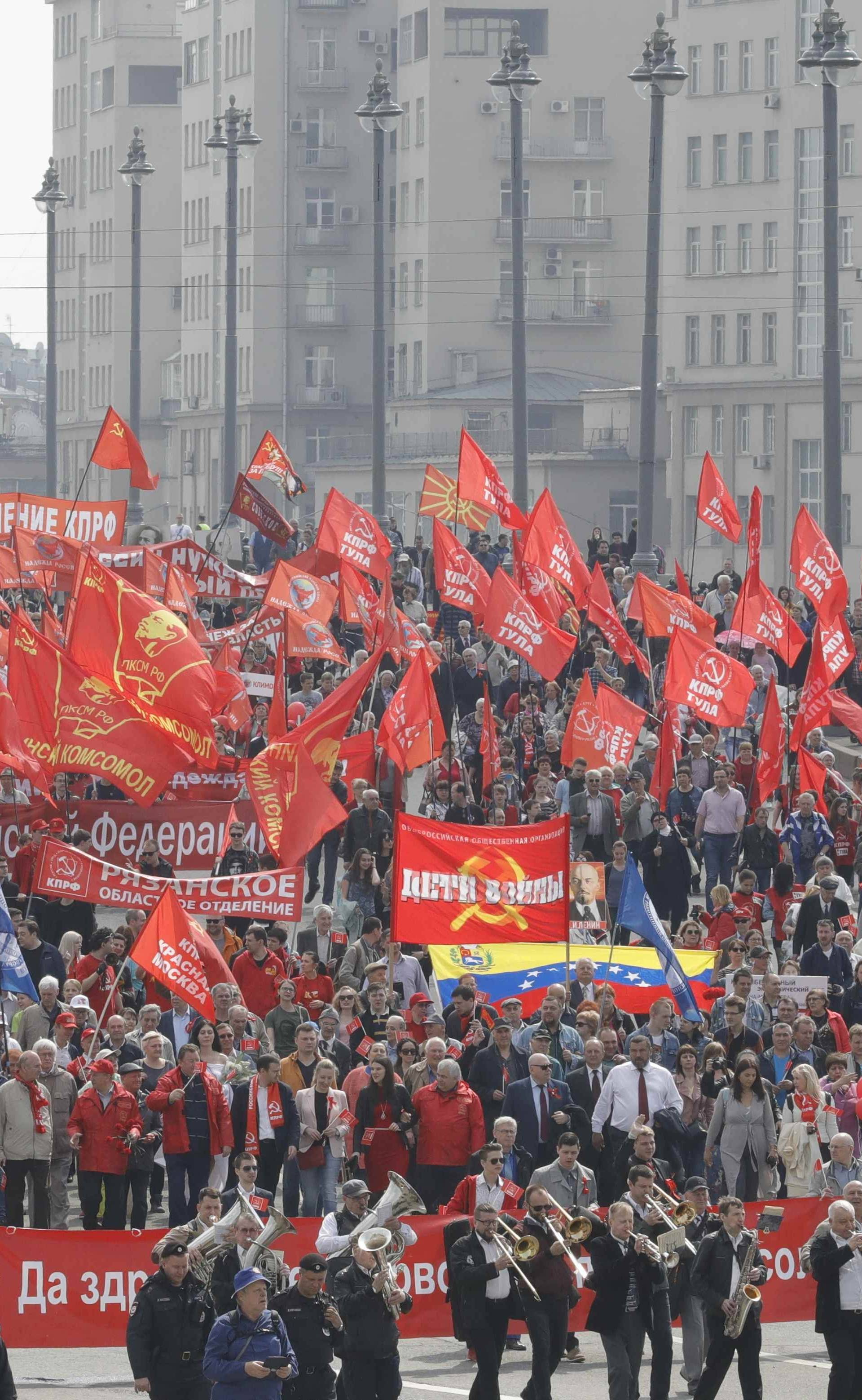 Supporters of left-wing political parties and movements attend a May Day rally in central Moscow